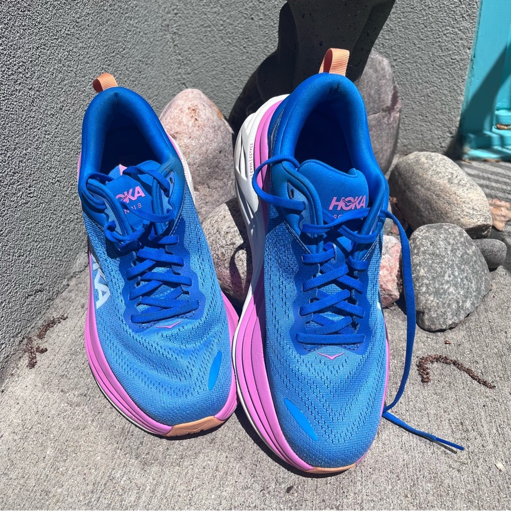 Womens HOKA Bondi 8 Blue and Pink Athletic Shoes with Cushioned Sole
